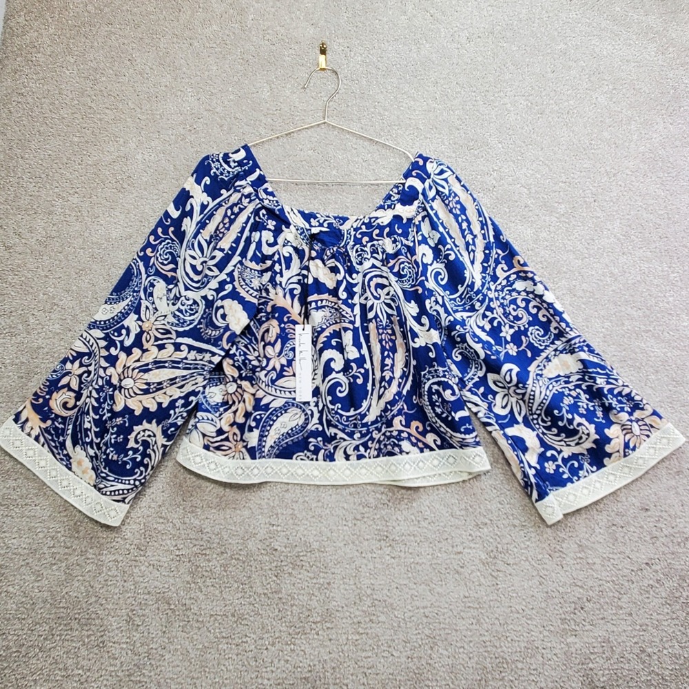 Nicole Miller Blouse Top Women's Small Blue Paisley Linen Lace Trim Long Sleeve